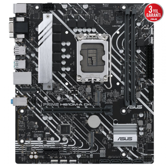 ASUS PRIME H610M-A D4, 2xDDR4, M.2, D-SUB, HDMI, DP, 12.Nesil, LGA1700 Soket, Anakart