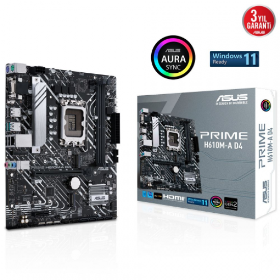 ASUS PRIME H610M-A D4, 2xDDR4, M.2, D-SUB, HDMI, DP, 12.Nesil, LGA1700 Soket, Anakart