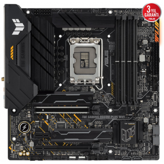 ASUS TUF GAMING B660M-PLUS WIFI, 4xDDR5, 2x M.2, HDMI, DP, Type-C, Wi-Fi 6, Bluetooth v5.2, 12.Nesil, LGA1700 Soket, ARGB Gaming Anakart