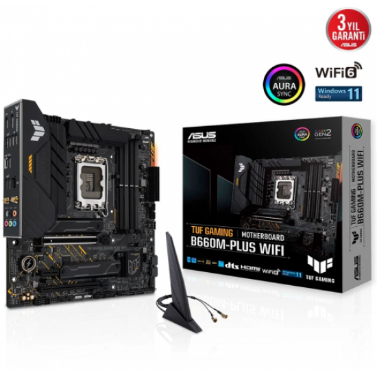 ASUS TUF GAMING B660M-PLUS WIFI, 4xDDR5, 2x M.2, HDMI, DP, Type-C, Wi-Fi 6, Bluetooth v5.2, 12.Nesil, LGA1700 Soket, ARGB Gaming Anakart