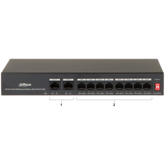 DAHUA PFS3010-8ET-65, 8 Port, MegaBit, 8 Port PoE, 65W, +2 Port MegaBit Uplink, Yönetilemez, Masaüstü Switch