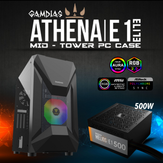 GAMDIAS ATHENA E1 Elite, Tempered Glass, Mesh, ARGB, 500W, GAMING KASA