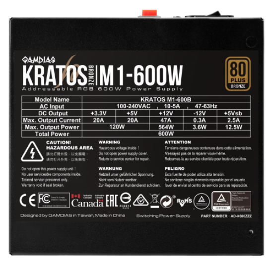 GAMDIAS KRATOS M1-600B, 600W, 80+ Bronze, Aktif PFC, RGB, GAMING PSU (BOX)