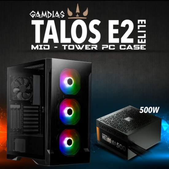 GAMDIAS TALOS E2 Elite, Tempered Glass, ARGB, 500W, GAMING KASA