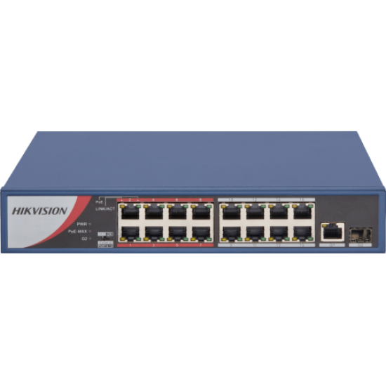 HIKVISION DS-3E0318P-E/M, 16 Port, MegaBit, 16 Port PoE, 130W, +1 Port GigaBit Uplink, +1 Port GigaBit SFP, Yönetilemez, Rack Mount Switch