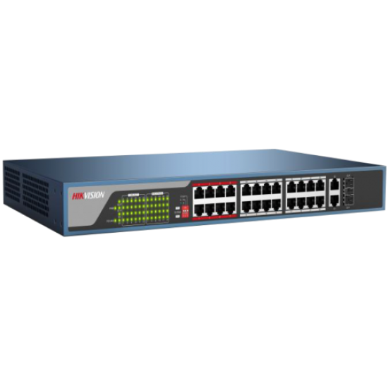 HIKVISION DS-3E0326P-E/M(B), 24 Port, MegaBit, 24 Port PoE, 250W, +1 Port GigaBit Uplink, +1 Port GigaBit SFP, Yönetilemez, Rack Mount Switch