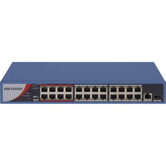 HIKVISION DS-3E0326P-E/M(B), 24 Port, MegaBit, 24 Port PoE, 250W, +1 Port GigaBit Uplink, +1 Port GigaBit SFP, Yönetilemez, Rack Mount Switch