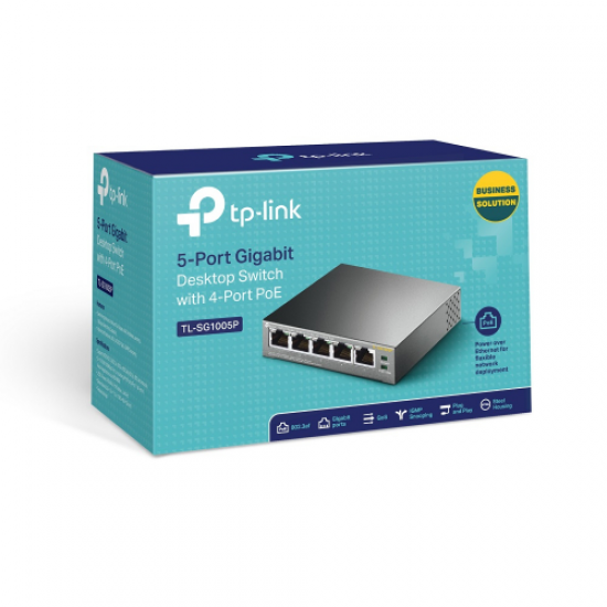 TP-LINK TL-SG1005P, 5 Port, GigaBit, Metal Kasa, 4 Port PoE, 56W, Yönetilemez, Masaüstü Switch