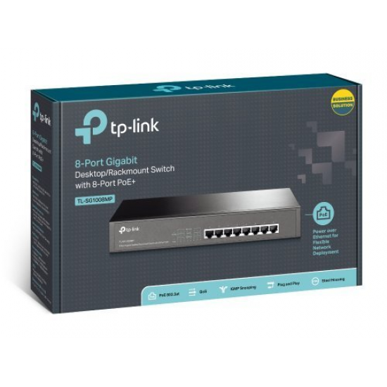 TP-LINK TL-SG1008MP, 8 Port, GigaBit, Metal Kasa, 8 Port PoE, 153W, Yönetilemez, Masaüstü Switch