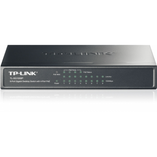 TP-LINK TL-SG1008P, 8 Port, GigaBit, Metal Kasa, 4 Port PoE, 55W, Yönetilemez, Masaüstü Switch