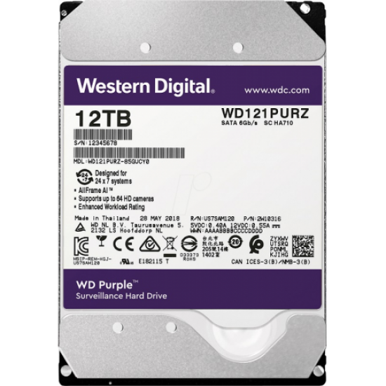 WD PURPLE, WD121PURZ, 3.5, 12TB, 256Mb, 7200 Rpm, 7/24 Güvenlik, HDD