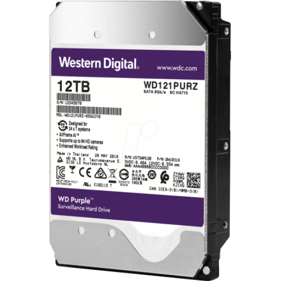 WD PURPLE, WD121PURZ, 3.5, 12TB, 256Mb, 7200 Rpm, 7/24 Güvenlik, HDD